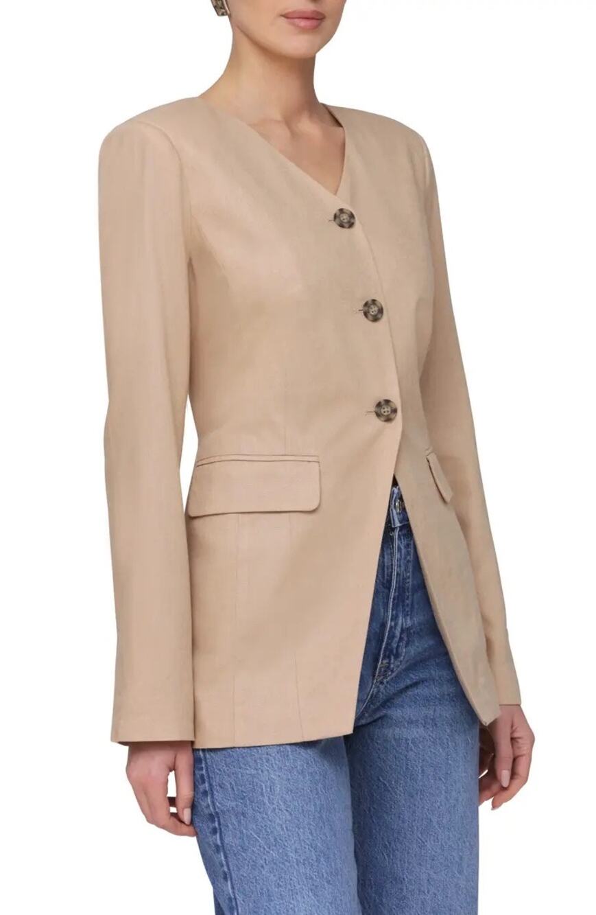 Bagatelle Collection Women's Linen Blend V-Neck Longline Beige Blazer Medium